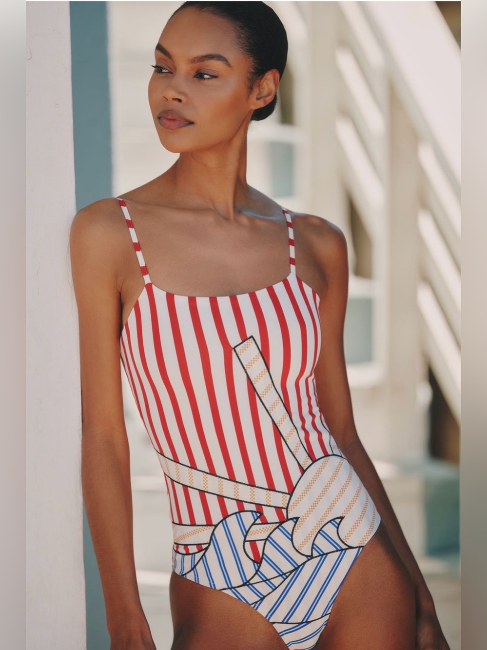 FARM Rio Red and Blue Striped One-Piece Swimsuit